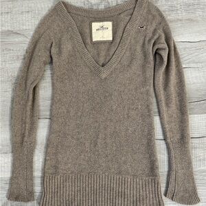Vtg Hollister Taupe Brown V-Neck Long Sleeve Sweater Women’s Small Logo Knit Y2K